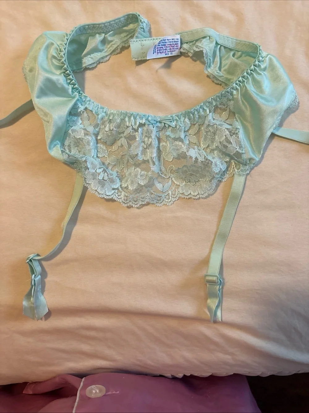 Vtg shape mates mint green lace ruffled, garter belt retro pinup coquette girl L